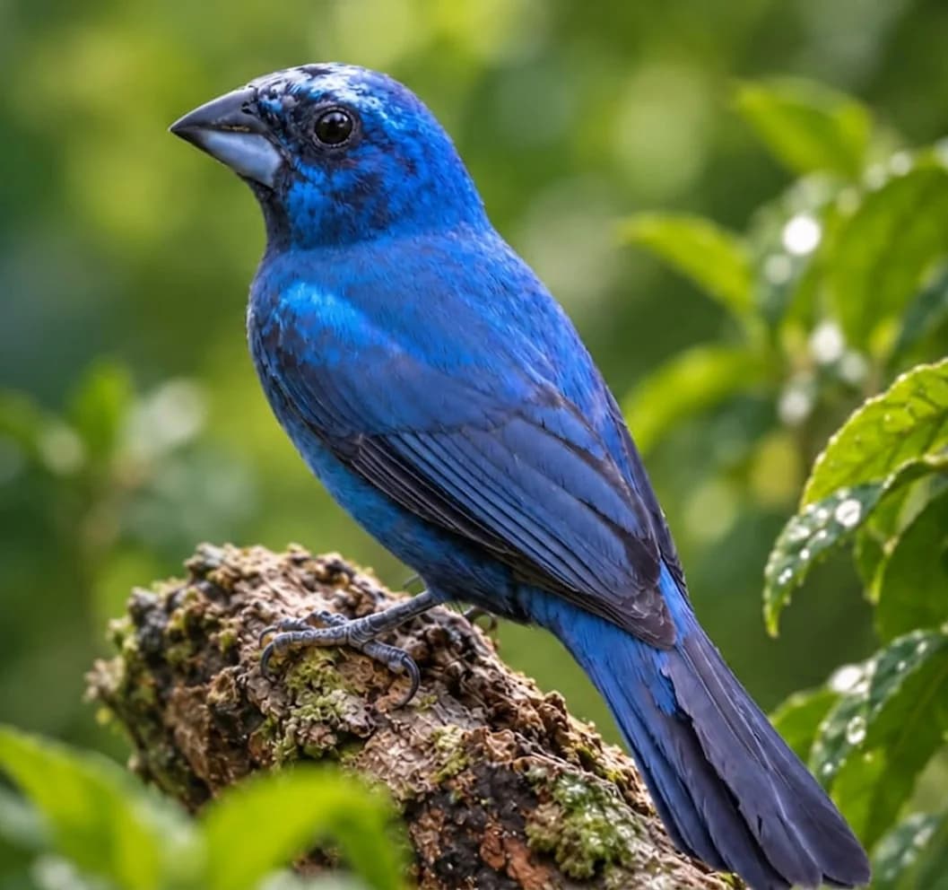 Ave azul pousada num tronco com musgo