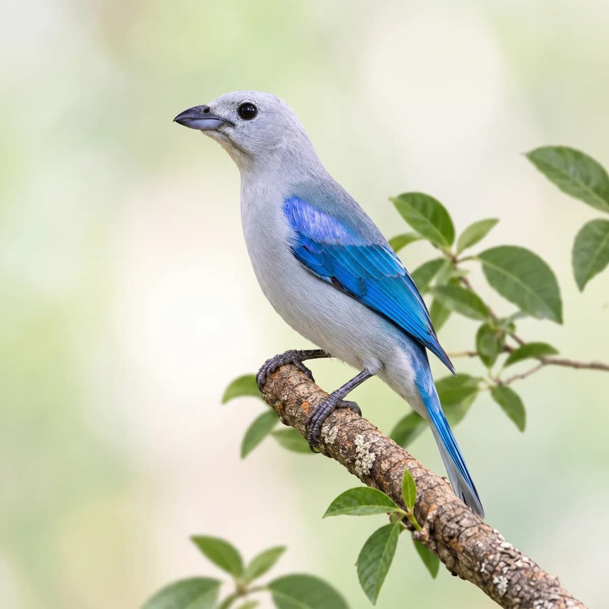 Sanhaço-cinzento de asas azuis pousado num galho
