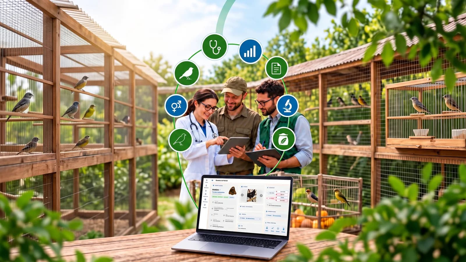 Veterinária, criador e técnico consultando um tablet no criadouro