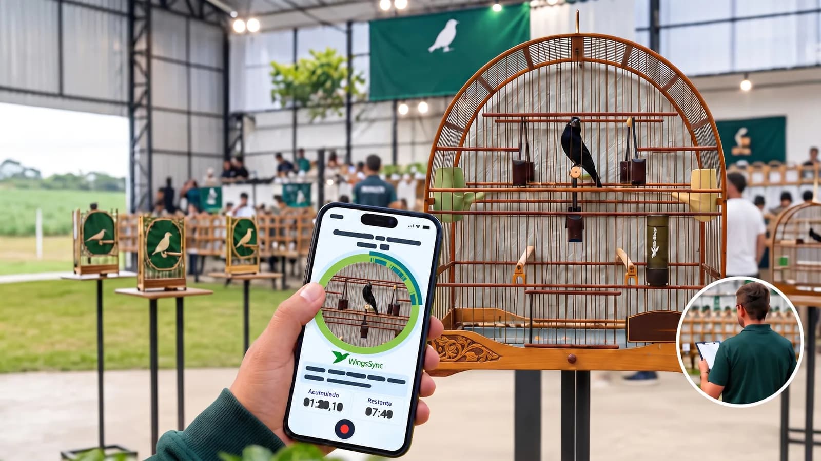Cronômetro WingsSync no celular diante da gaiola em um torneio de canto