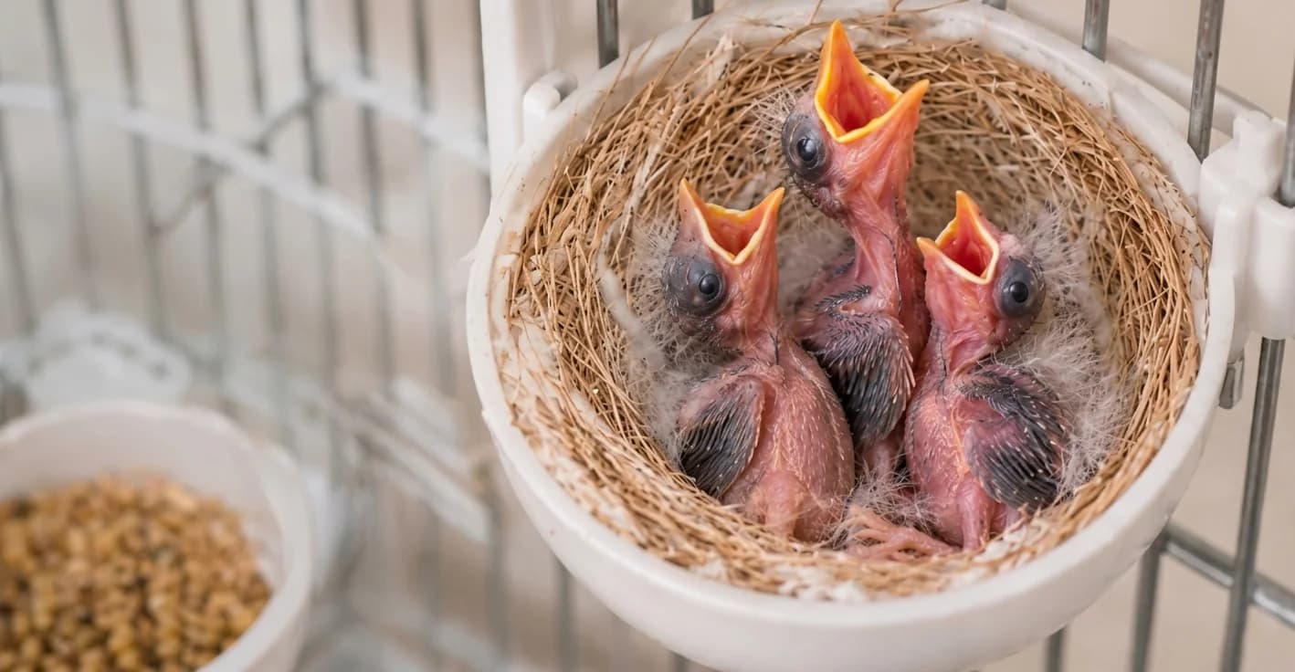 Filhotes de bico aberto pedindo comida no ninho